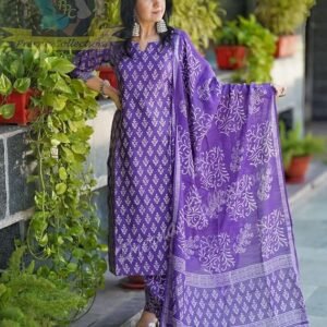 MEERA FAB Women's Cotton Printed Straight Kurta with Palazzo & Dupatta Set