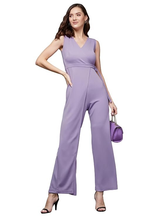 Miss Chase Women's V-Neck Sleeveless Solid Wrap Regular Length Jumpsuit