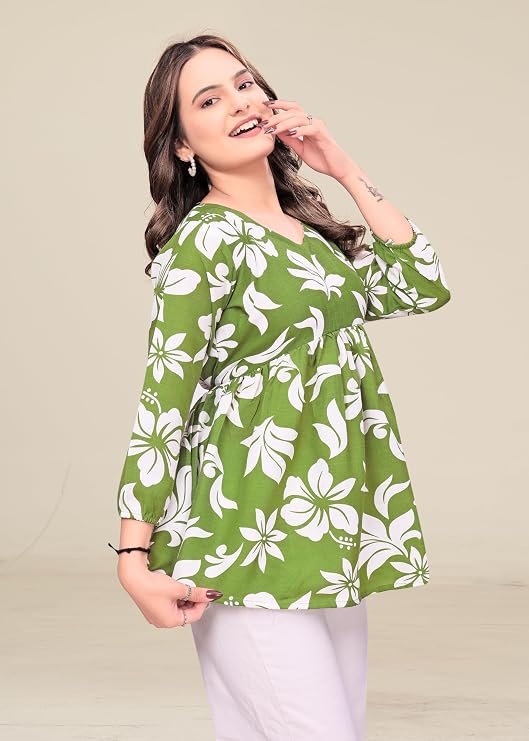 Women's Peplum Top, Blue and White Striped, Cotton Blend, Puff Sleeves with Ruched Sweetheart Neckline